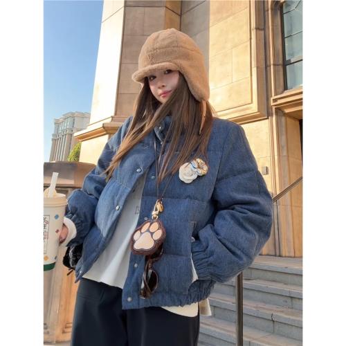 韓系高級感牛仔羽絨棉服外套女冬季2024新款寬松加厚保暖短款棉衣