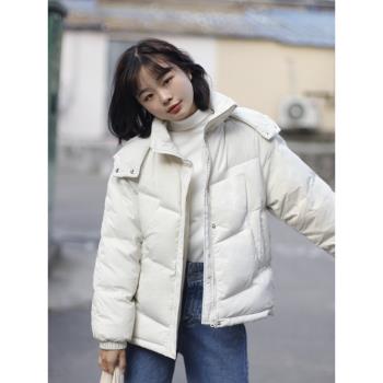 白色羽絨服女2024冬季小個子設計感小眾90白鴨絨連帽加厚短款外套