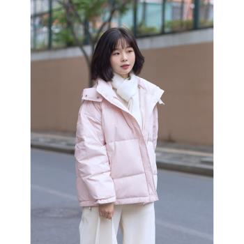 90白鴨絨羽絨服女冬季加絨加厚淺粉色減齡小個子白色連帽外套短款