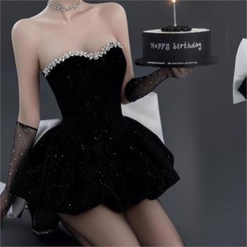 黑色小個子抹胸晚禮服裙女2025新款生日輕奢名媛氣質蝴蝶結連衣裙