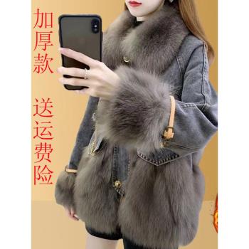 網紅牛仔仿狐貍毛皮草短款派克服