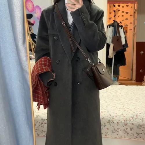 小云米韓版灰色呢子大衣女中長款2025秋冬正肩毛呢外套小個子西裝