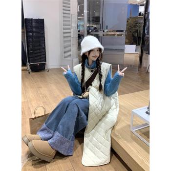 大碼女裝米白色設計感菱格馬甲背心外套秋冬季寬松慵懶風長款大衣