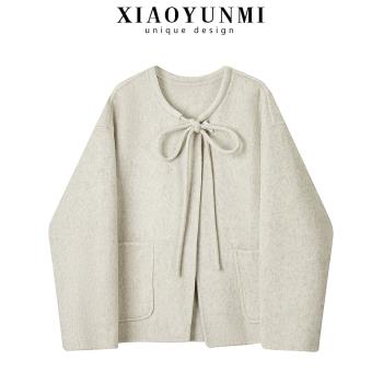 小雲米雙面毛呢短外套女2025冬季新款系帶設計感氣質羊絨呢子大衣