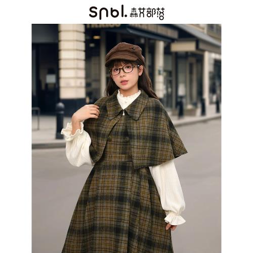 森女部落原創英倫學院風斗篷格子毛呢外套冬2026年新款女裝秋冬款