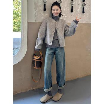 雙面羊絨灰色短款呢子大衣女秋冬季2024新款毛呢小個子高階感外套