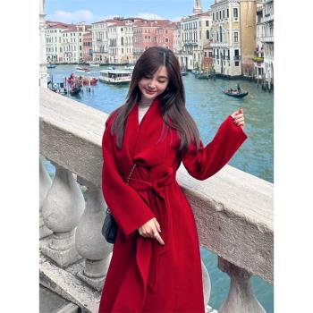 紅色雙面羊絨呢子大衣女中長款2024冬季高階感翻領慵懶羊毛呢外套