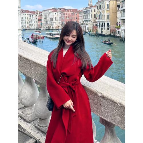紅色雙面羊絨呢子大衣女中長款2025冬季高級感翻領慵懶羊毛呢外套