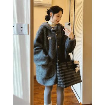 灰色呢子大衣女短款小個子2024冬季高階感加厚羽絨連帽羊毛呢外套