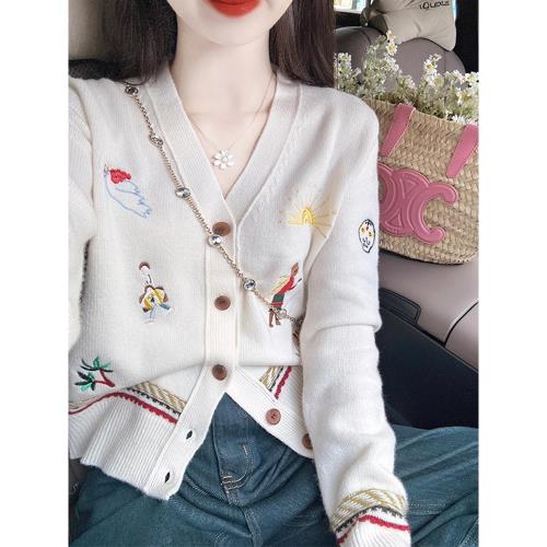 韓系撞色卡通手繪圓領長袖針織衫女秋季新款洋氣時髦短款上衣外套