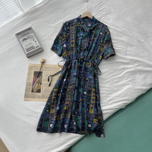 桑蠶絲 波西米亞風復古腰部抽繩印花圓領套頭連衣裙4A4/70706