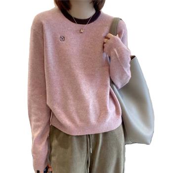 品牌高階感羊絨衫女2024秋冬新款拼色長袖上衣羊毛針織打底衫毛衣