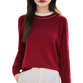 2024新年紅色羊絨打底衫女花邊半高領時尚內搭羊毛針織衫毛衣上衣