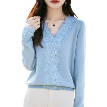 2024新款法式羊絨開衫女士V領氣質優雅蕾絲拼接羊毛針織開衫上衣