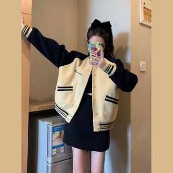 冠軍彩虹美式復古棒球服外套女春秋韓版撞色長袖寬松夾克短款上衣