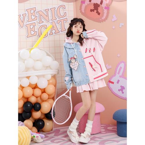 春裝二分之一連帽衛衣鉤針兔子愛心繡花不對稱假兩件牛仔解構外套