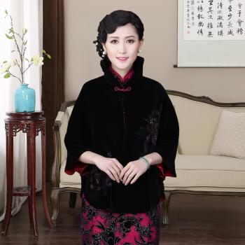 春秋百搭真絲絨中式披肩外套旗袍