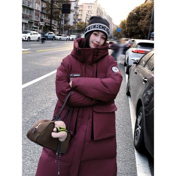 酒紅色超好看韓版寬松90白鴨絨羽絨服女冬高級感長款過膝加厚外套