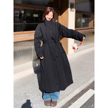 黑色韓系中長款立領風衣羽絨服女2024冬季新款白鴨絨寬松收腰外套