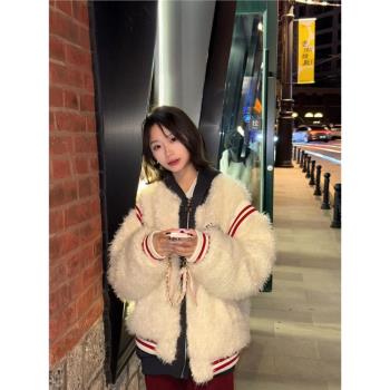 韓系白色毛毛羊羔毛外套女款早春季2025新款加厚小個子美式棒球服