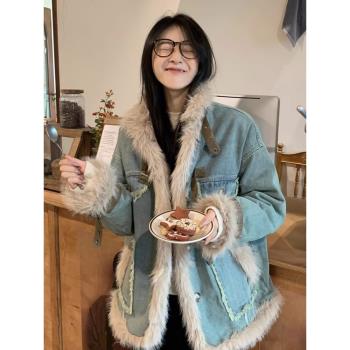 復古藍色獨特超好看毛毛牛仔外套2025新款女春秋季高階感加絨加厚