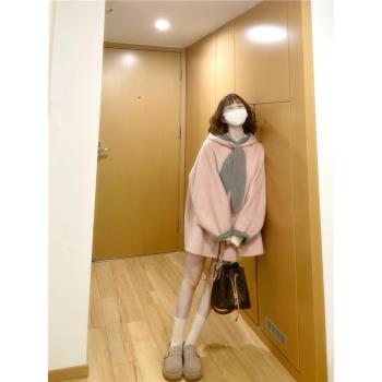 粉色毛呢大衣女款2025新款早春高階感小個子斗篷連帽春季呢子外套