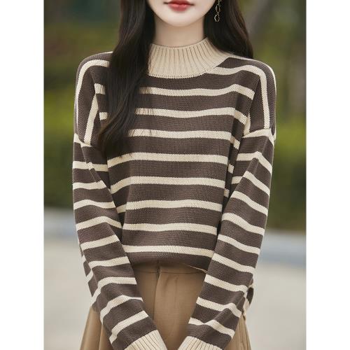 24秋冬半高領100純棉針織衫女條紋加厚毛衣寬松顯瘦內搭打底上衣