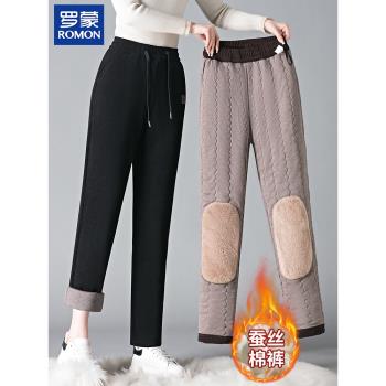 羅蒙品牌媽媽冬裝高檔保暖棉褲加絨加厚中老年女黑色高腰蠶絲褲子