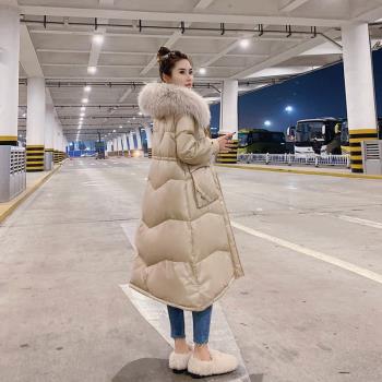 香檳色大毛領白鴨絨亮面羽絨服女2024冬裝新款女裝過膝中長款外套
