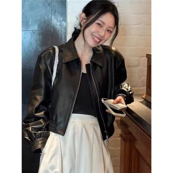 海寧真皮皮衣外套黑色休閑皮夾克女裝短款綿羊皮寬松百搭2024秋冬