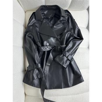 海寧真皮皮衣安哥拉紅中長款外套高品質皮夾克腰帶寬松大碼女裝