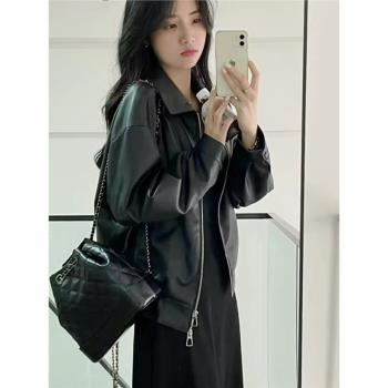 海寧真皮皮衣外套黑色皮夾克2023新款女士港風短款機車綿羊皮寬松