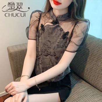 新中式改良旗袍上衣女士夏季復古氣質盤扣網紗泡泡袖襯衫2023新款