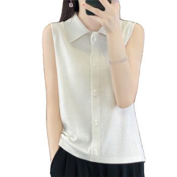 品牌高階感羊絨衫背心女2024秋冬新款無袖Polo翻領羊毛針織打底衫
