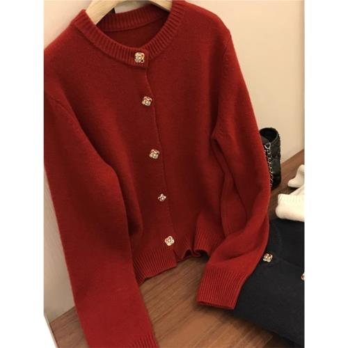 清倉撿漏專柜撤回外貿女裝時尚百搭鉆扣圓領羊絨針織開衫外套紅色