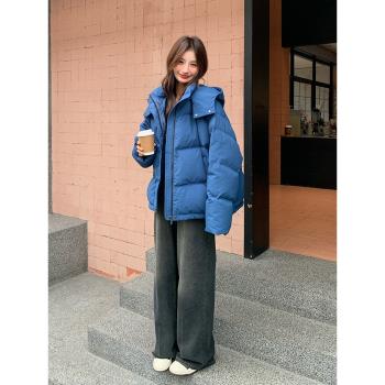 90白鴨絨短款羽絨服女2024新款冬季小個子加厚寶藍色帶帽保暖外套