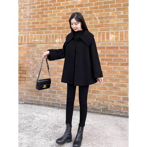 2025新款女裝秋冬短款毛呢外套女小個子黑色雙面羊絨呢大衣娃娃領