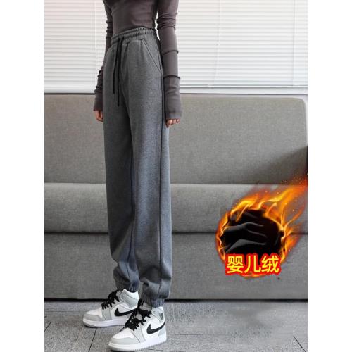 灰色運動褲女款秋冬高腰直筒寬松束腳加絨加厚高個子加長休閑衛褲