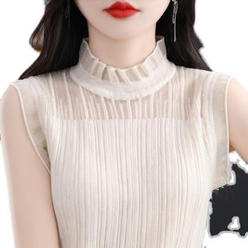 品牌高階感羊絨衫背心女士2024秋季新款內搭蕾絲花邊領羊毛打底衫