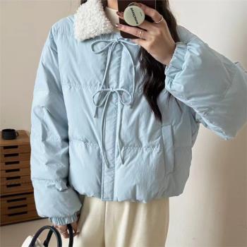 2024冬季新款短款羊羔毛羽絨服女短款蝴蝶結甜美香風加厚鴨絨外套
