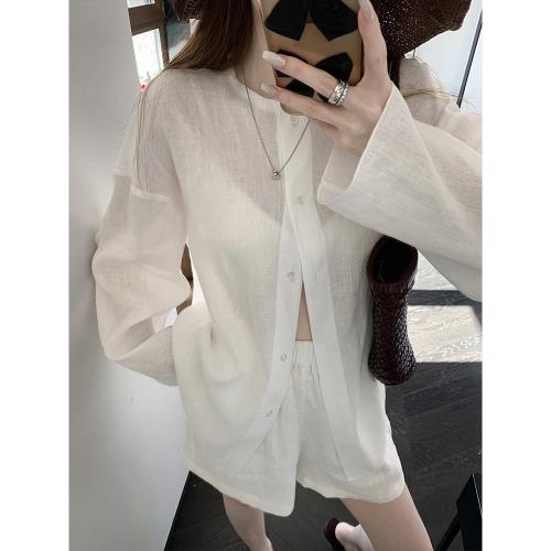 Tongse 極簡套裝 1oo亞麻無領襯衫前短后長寬松罩衣+短褲套裝女