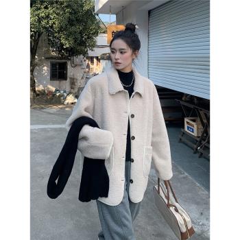 SIXI四喜家 小羊咩咩 翻領羊羔毛外套女韓版秋冬保暖毛茸茸大衣