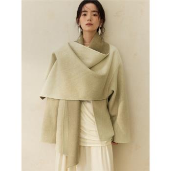 MURMURMI 24AW 設計師品牌 豆綠漸變解構圍裹感短款雙面毛呢外套