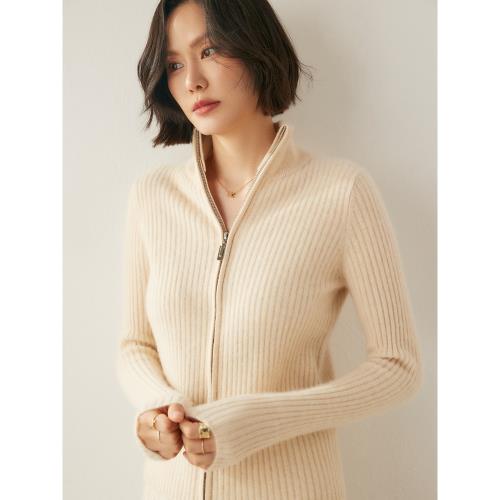 通勤穿搭！baby小山羊絨開衫女立領2024新款修身針織拉鏈毛衣外套