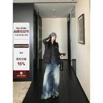 Skk Store 細沙海岸 復古水洗做舊光暈藍牛仔褲女春冬加絨牛仔褲