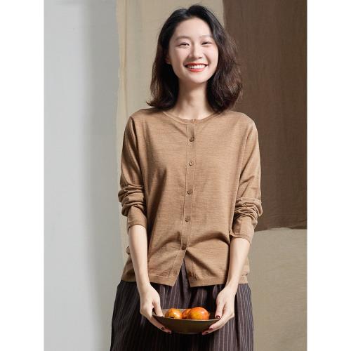 谷家 100%羊毛簡約氣質純色針織開衫 通勤百搭短款毛衣小外套女