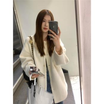 白色圓領短款呢子大衣女2024新款秋冬季高階感毛呢外套韓系小個子
