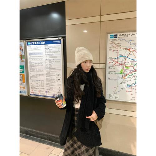 by1171粗棒針黑色大毛衣+圍巾復古麻花中長款加厚針織外套開衫