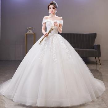 一字肩宮廷風拖尾齊地婚紗禮服