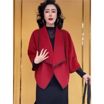 秋冬新款時尚百搭氣質寬松顯瘦短款雙面呢蝙蝠袖披肩大碼休閑外套